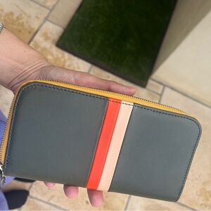 Clare V. Zip Around Wallet – Dark Green w/ Blush & Coral Stripe – NEW
